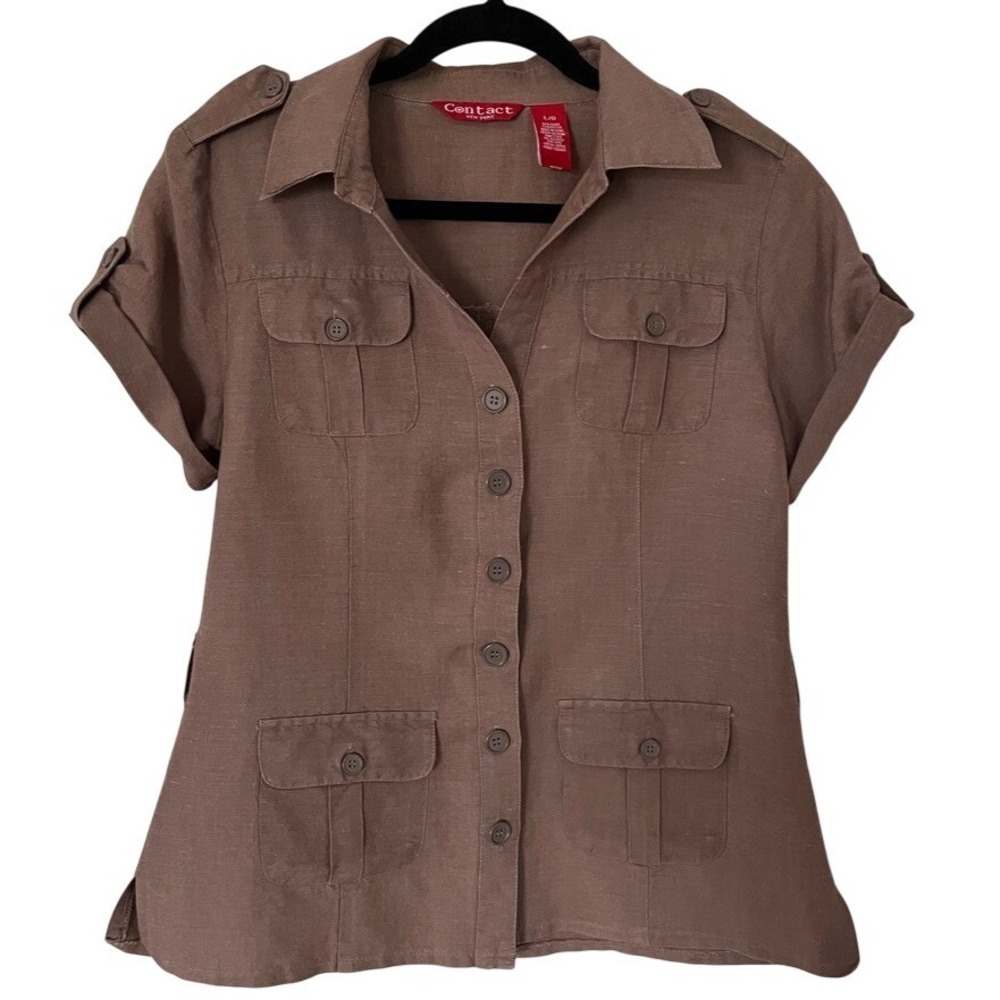 Contact New York Womens Brown Utility Safari Camp Shirt Button Up Large